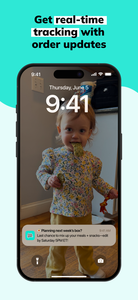 Little Spoon app screenshot showing real-time order tracking notification on a phone lock screen.