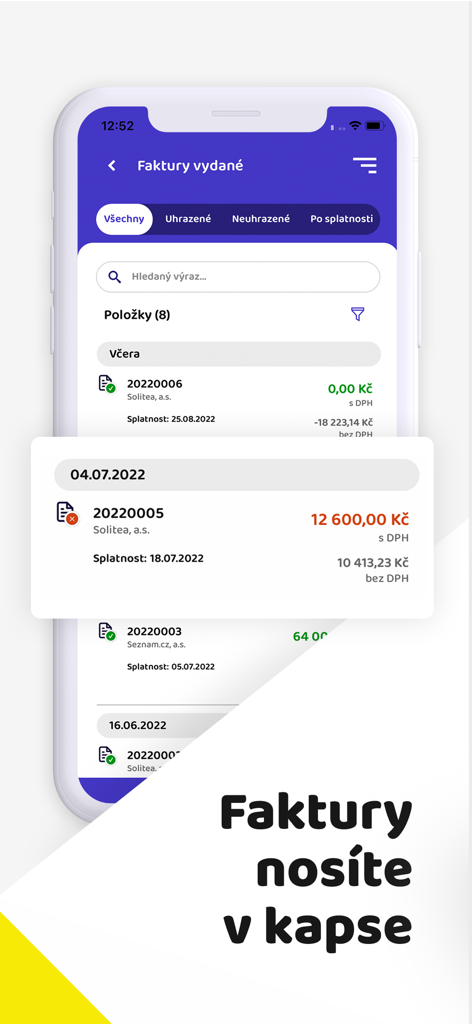 iDoklad - A smartphone displaying the iDoklad app interface with a list of issued invoices and payment status filters