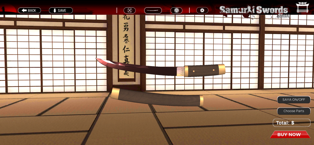 A 3D preview of a custom samurai sword blade and scabbard in a traditional Japanese dojo environment.