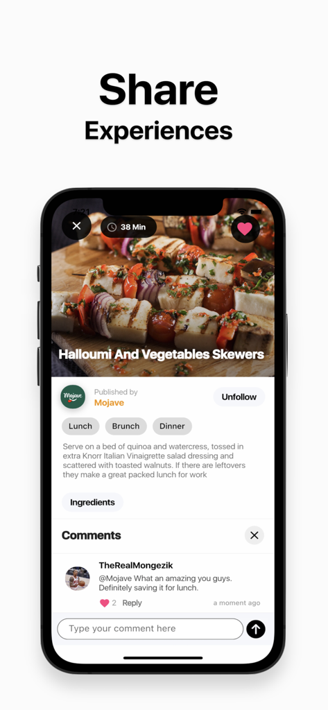 Mojave - Food - モバイルアプリのインターフェースに、ハルーミと野菜の串焼きレシピとソーシャルコメントセクションが表示されている