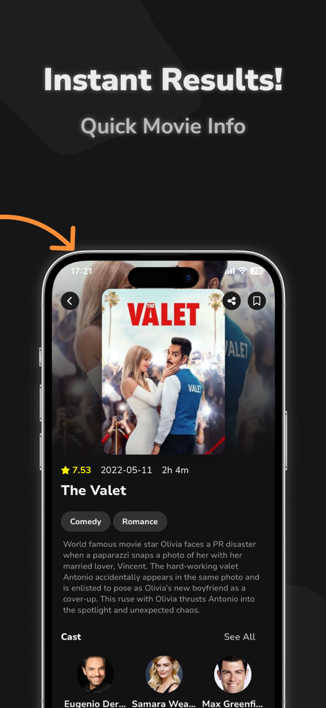 Movie Finder by Image or Video - Flicks映画ファインダーアプリのインターフェース。映画「The Valet」の詳細が表示されています。