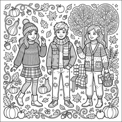 Explore the beauty of autumn with this delightful coloring page showcasing children dressed in their coziest fall fashion. Surrounded by pumpkins, leaves, and seasonal treats, it's a perfect activity to welcome cooler weather.