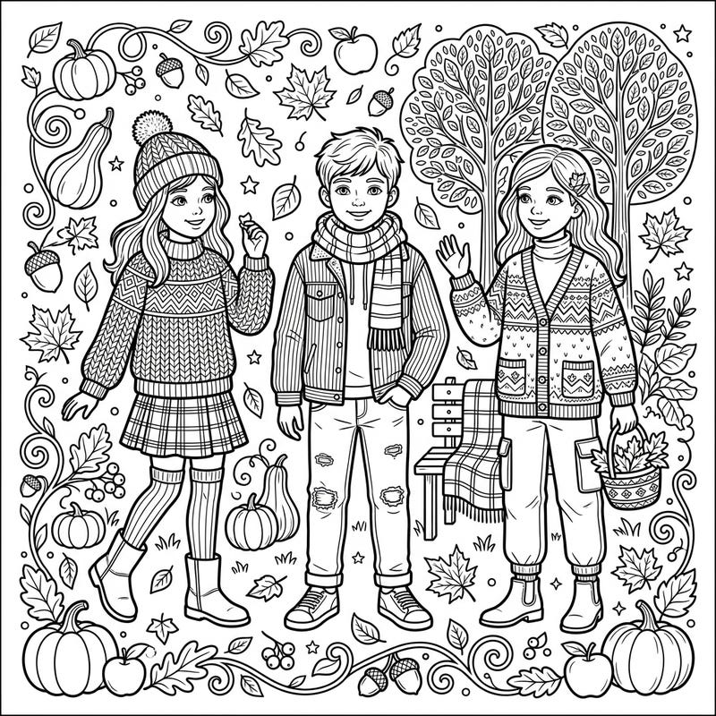 Explore the beauty of autumn with this delightful coloring page showcasing children dressed in their coziest fall fashion. Surrounded by pumpkins, leaves, and seasonal treats, it's a perfect activity to welcome cooler weather.