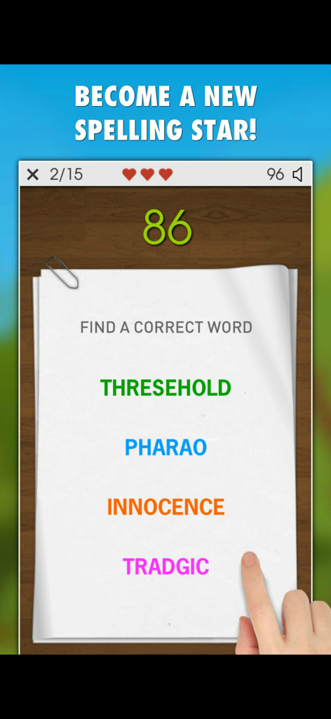 A screenshot of the Spelling Master Game showing a multiple choice question to identify the correctly spelled word among options like innocence and thresehold.
