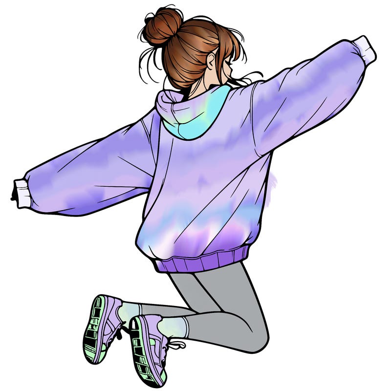 realistic girl jumping with a bun and oversized sweatshirt