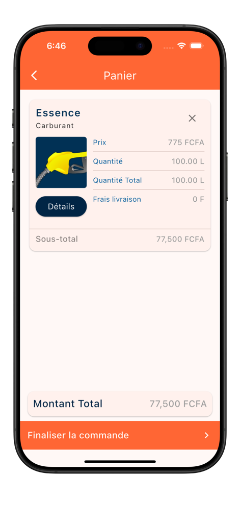 Checkout screen of TheBsolution app showing a gasoline delivery order with quantity and total price in the cart