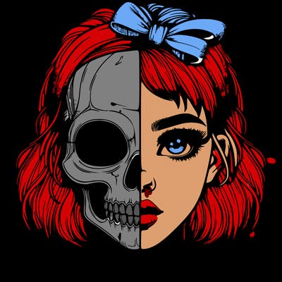 realistic girl with half skull mask
