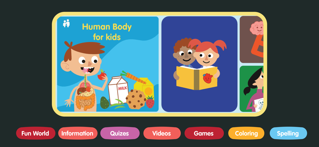Human Body for Kids - Anatomy - Pantalla del menú principal de la aplicación educativa de anatomía Cuerpo Humano para Niños con diferentes módulos de aprendizaje como cuestionarios y juegos