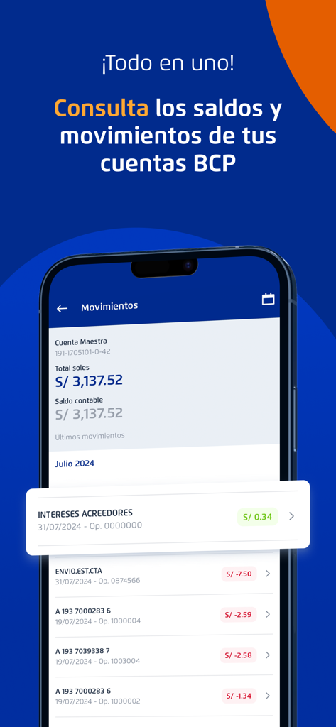Telecrédito Móvil BCP app interface displaying business account balances and transaction movements