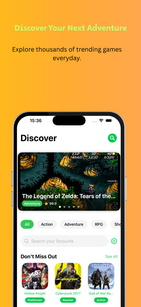 Happy RockMods : Gaming Hub - Happy RockMods Gaming Hub app interface showing the Discover screen with trending games and search options.
