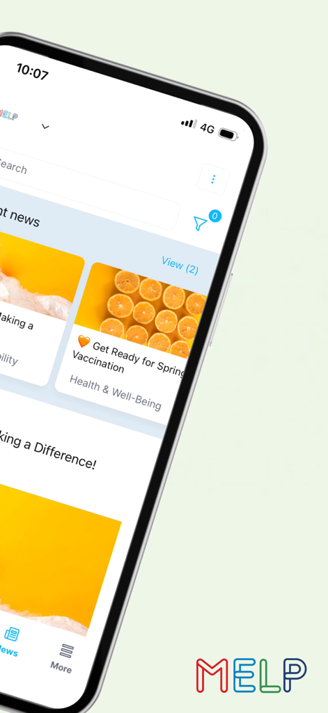 MELP.com - MELP mobile app interface showing a news feed with articles on health and well-being for employees