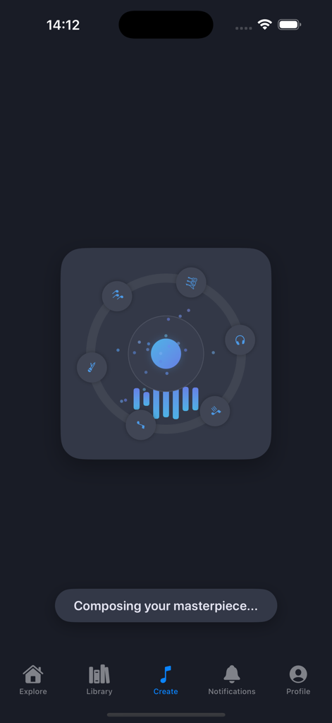 Melo - AI Song Generator - Interface do aplicativo gerador de músicas Melo AI mostrando o processo de composição musical com um indicador de progresso.
