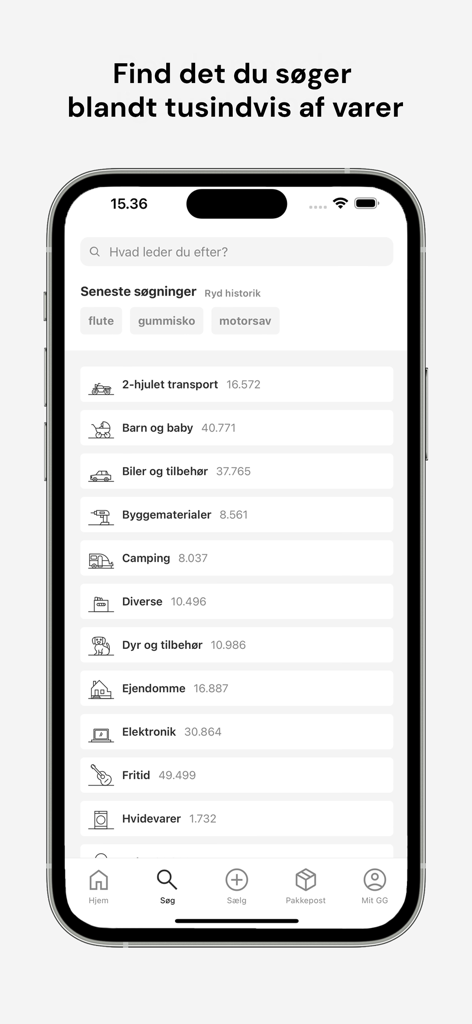 GulogGratis mobile app search screen displaying a variety of shopping categories like cars baby gear and camping