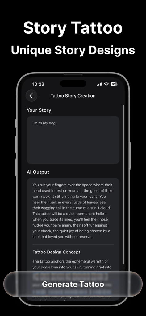 AI Tattoo-Ink Design Generator - Interfaz de la aplicación AI Tattoo que muestra la función de creación de historias donde los usuarios pueden ingresar recuerdos personales para generar conceptos de diseño de tatuajes únicos