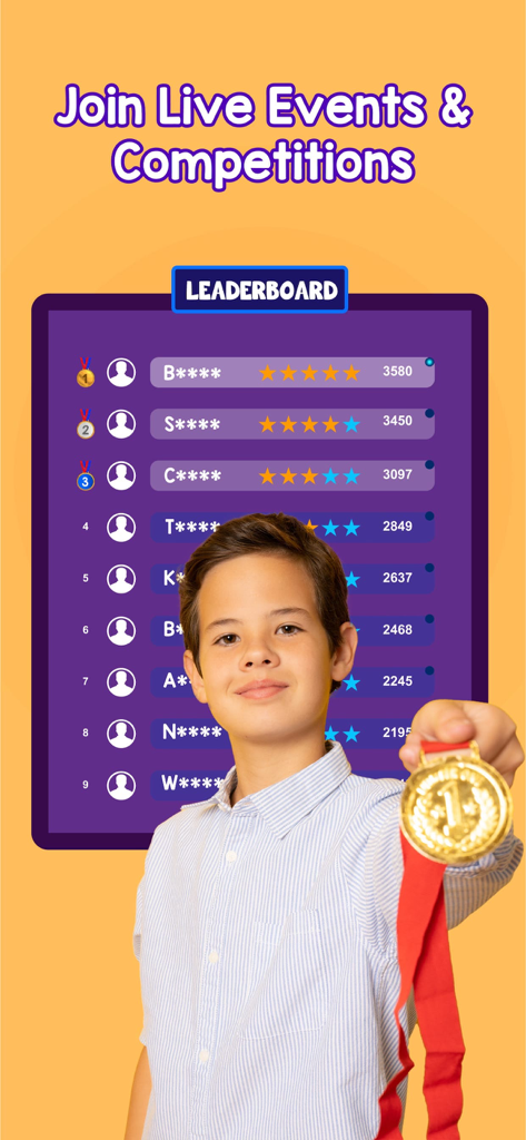 A boy holding a gold medal in front of a leaderboard for kids learning competitions.