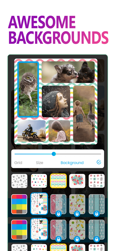 Selecionando um fundo estampado para uma colagem de fotos no aplicativo Mix Pics.