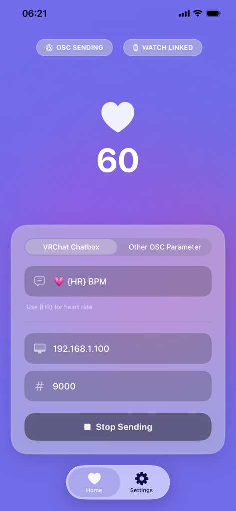 60 BPMの心拍数とVRChat接続設定を表示するPulseOSCモバイルアプリインターフェース。