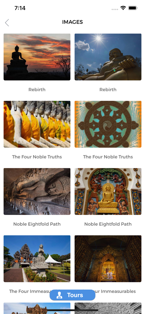 Buddhism Complete Guide - Una galería de estatuas budistas, símbolos y templos en la aplicación Guía Completa del Budismo