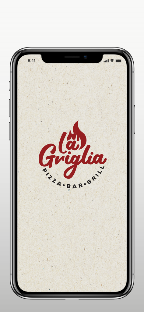 La Griglia - Pantalla de inicio de la aplicación del restaurante La Griglia con el logo rojo de pizza bar and grill sobre un fondo texturizado