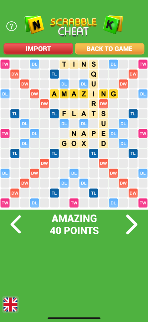 Solver for SC GO - Cheat - Scrabble GO solver app showing a 40 point word on the game board