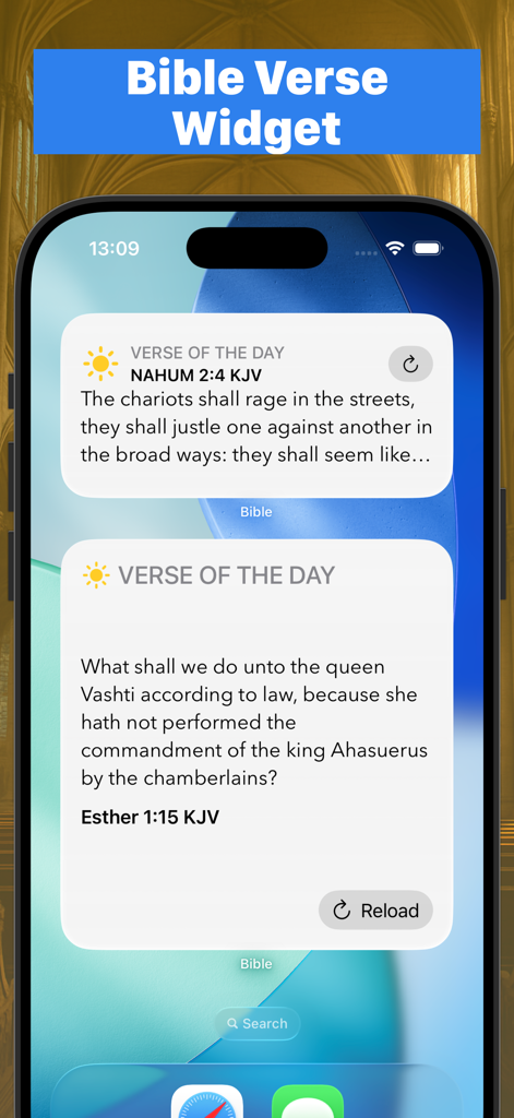 HOLY BIBLE - Any Version - Pantalla de inicio de iPhone con widgets del Versículo del Día de la Biblia