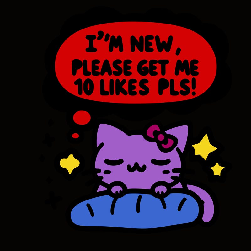 kitty taking a nap dream talking and saying "i'm new, please get me at least 10 likes pls!!"