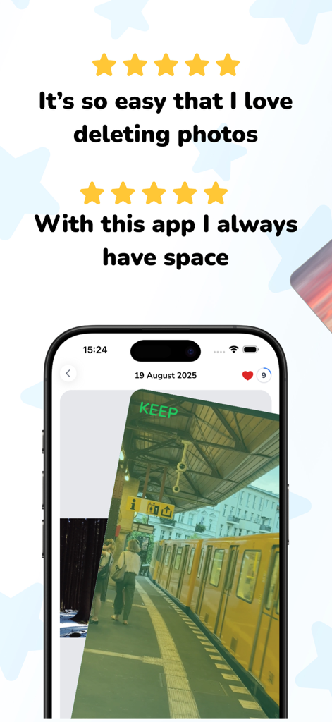 Mobile interface of Favvy app showing a photo being swiped to keep alongside positive user reviews