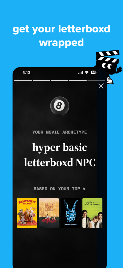 Flick: Rate Movies & Shows - A smartphone screen from the Flick app displaying a personalized movie watching wrapped feature with a user archetype based on four top films.