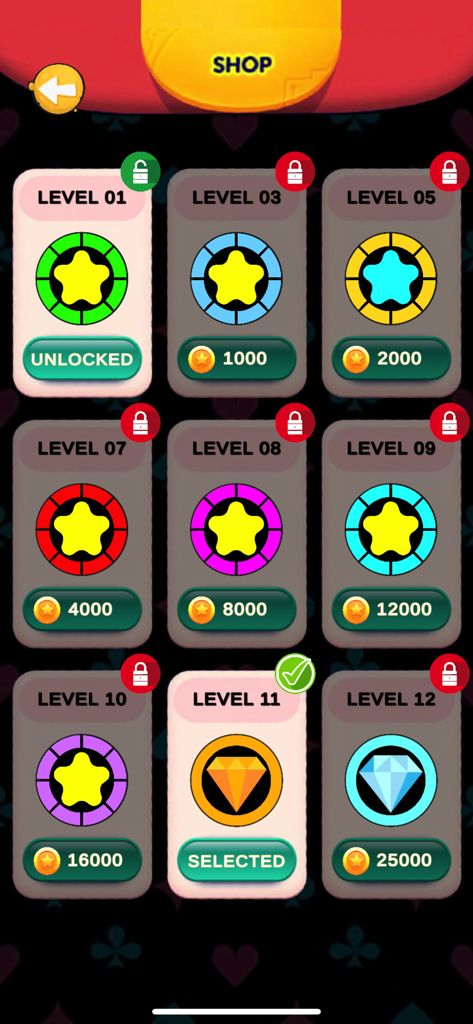 In-game shop menu in World of Jacks showing various colorful chips and gems available for customization