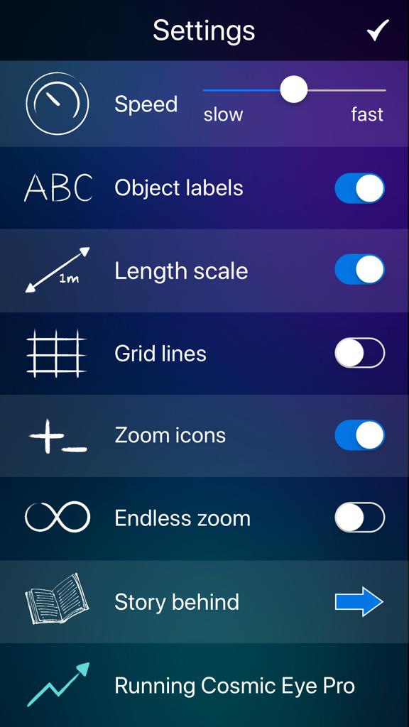 Cosmic Eye - Settings screen of the Cosmic Eye app with options for zoom speed, object labels, and length scale