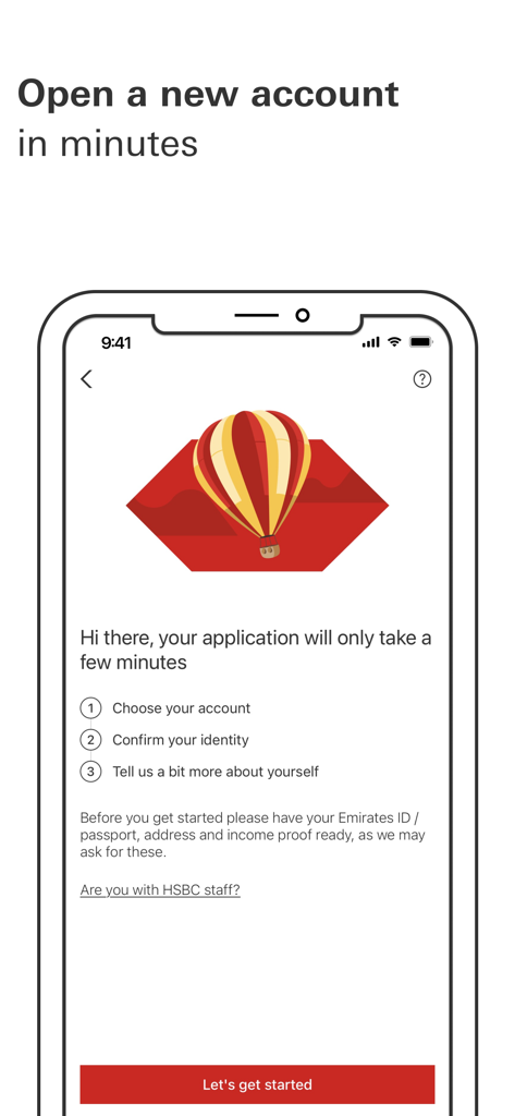 HSBC UAE Mobile App-Bildschirm, der die drei Schritte zur Eröffnung eines neuen Bankkontos in wenigen Minuten zeigt