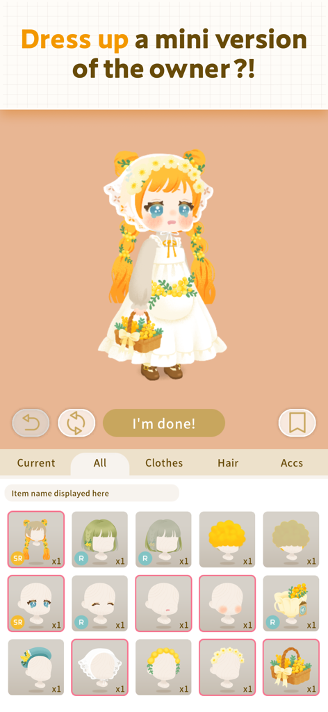 Livly Island - Adopt Cute Pets - Avatar customization screen in the Livly Island app showing a character in a floral dress and accessory options