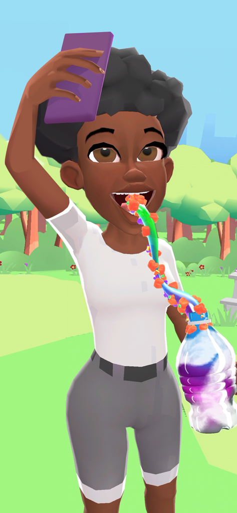 Un personaje 3D exprimiendo una botella de miel congelada de colores en su boca mientras graba un video.