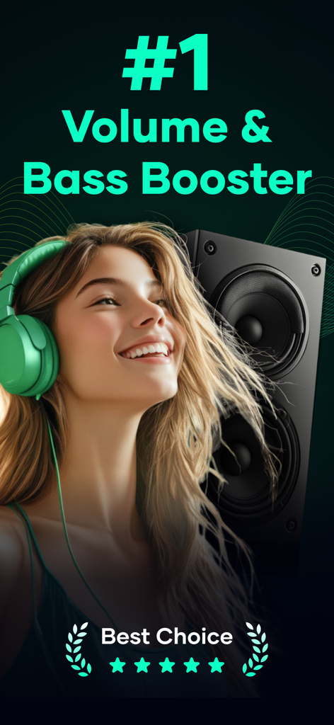 EQ and Volume Boost for Music - Smiling woman with headphones and a speaker promoting the #1 volume and bass booster app