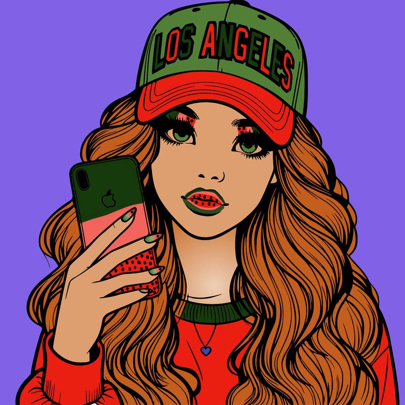 realistic beautiful girl wearing los ángeles cap holding an iphone