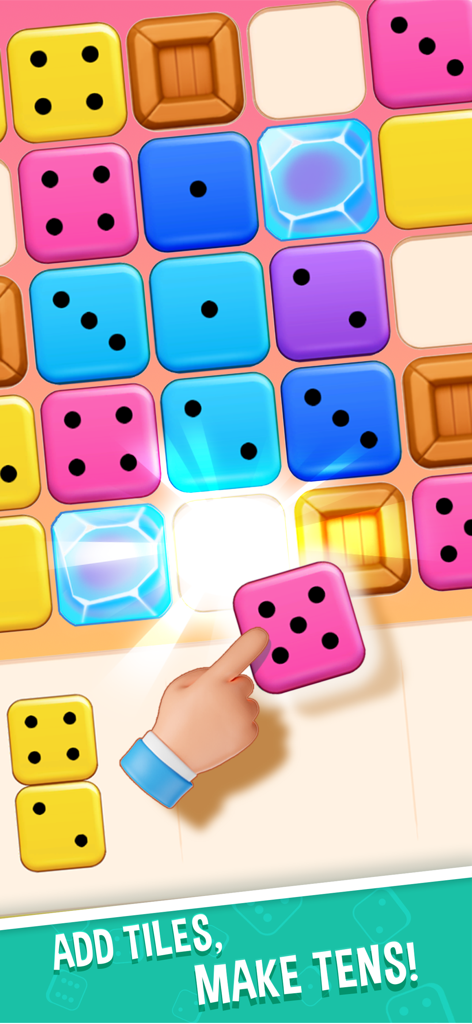 TENS! - A hand placing a pink die on a grid in the TENS mobile puzzle game