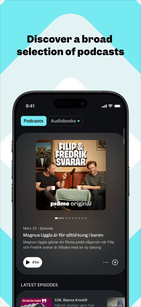 Podme - Podcasts & Audiobooks - Podme app interface on an iPhone showing a featured podcast episode and category tabs for podcasts and audiobooks