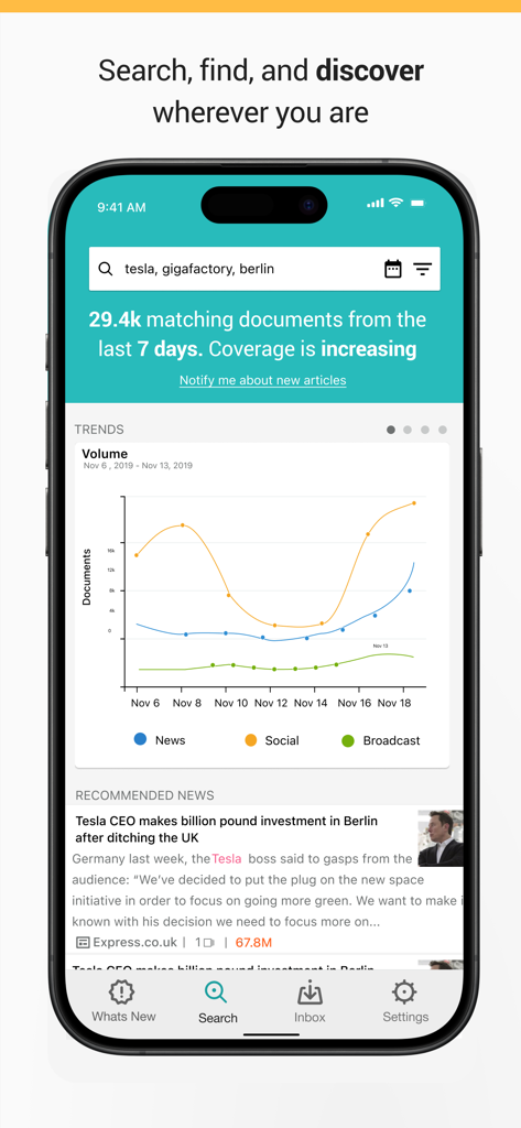 Meltwater Mobile - Meltwater Mobile app interface showing media search results and volume trends for news social and broadcast sources