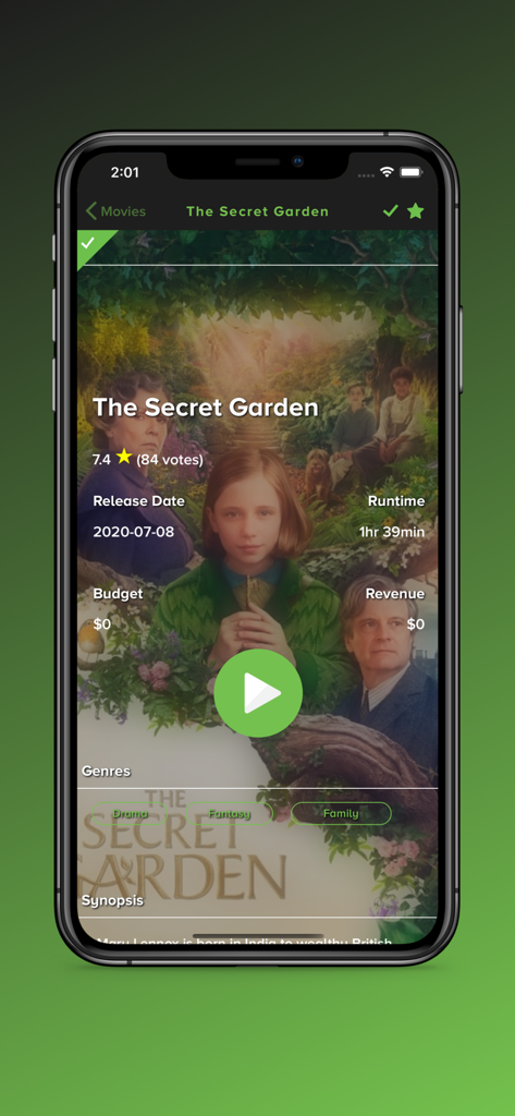 123Play Pro - 123Play Pro mobile app displaying movie details and ratings for The Secret Garden