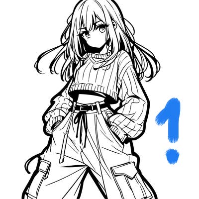 anime teen girl with baggy pants and crop top with sweater