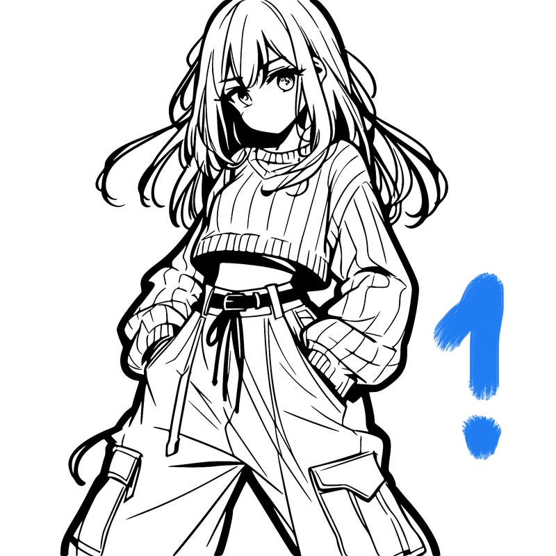 anime teen girl with baggy pants and crop top with sweater