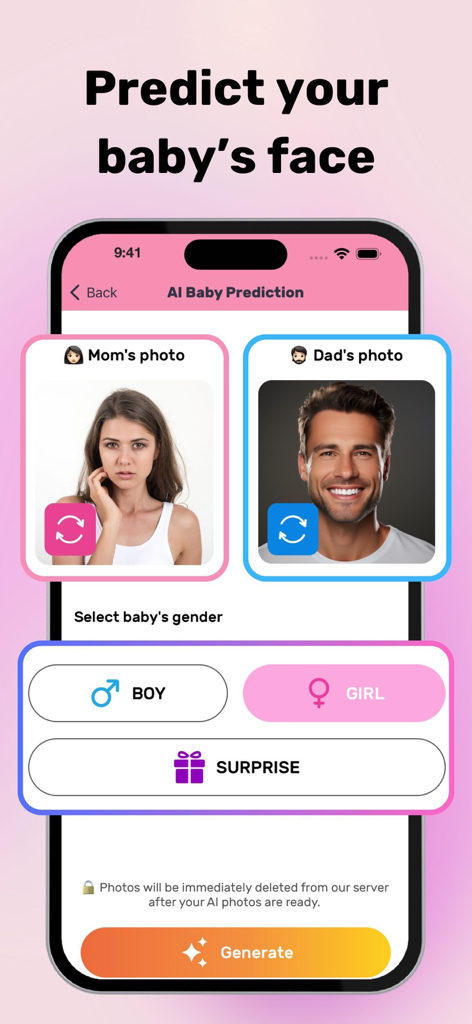 AI Baby Generator Face Maker. - Tela do Gerador de Bebê por IA mostrando a seleção de fotos dos pais e opções de gênero