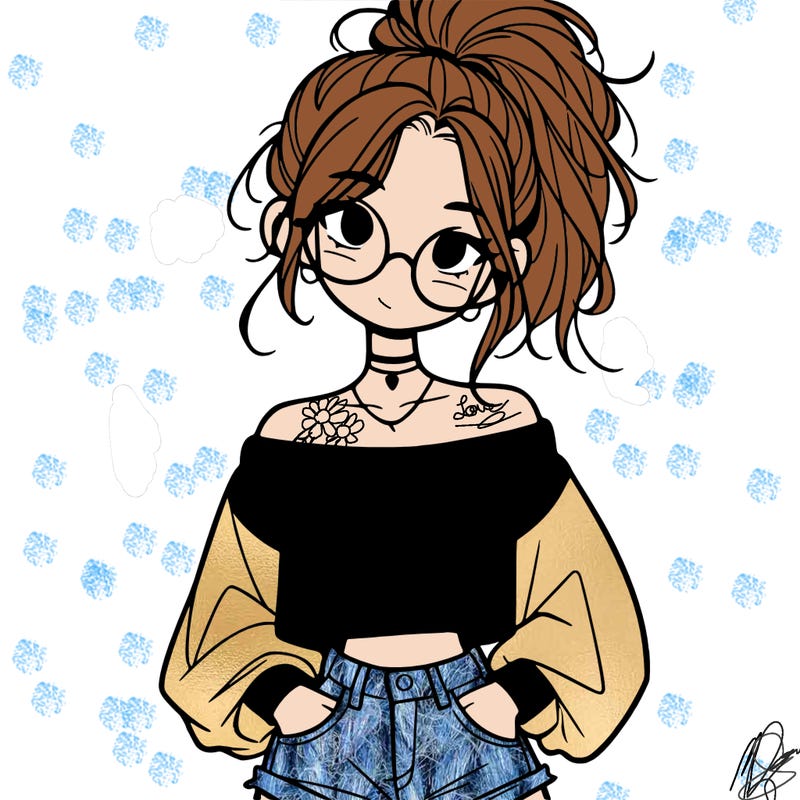 girl with a messy ponytail glasses a baggy crop top and jean shorts