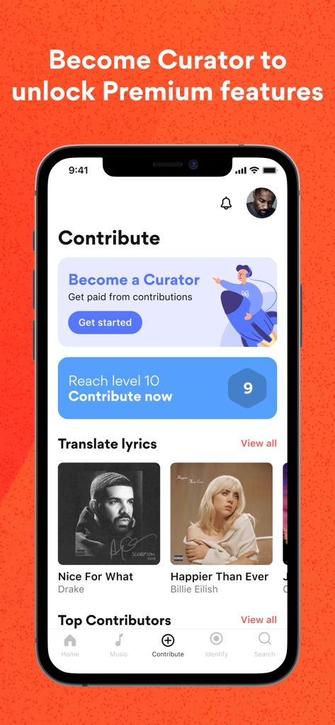 Musixmatch app interface showing the contribute tab with options to become a curator and translate lyrics.