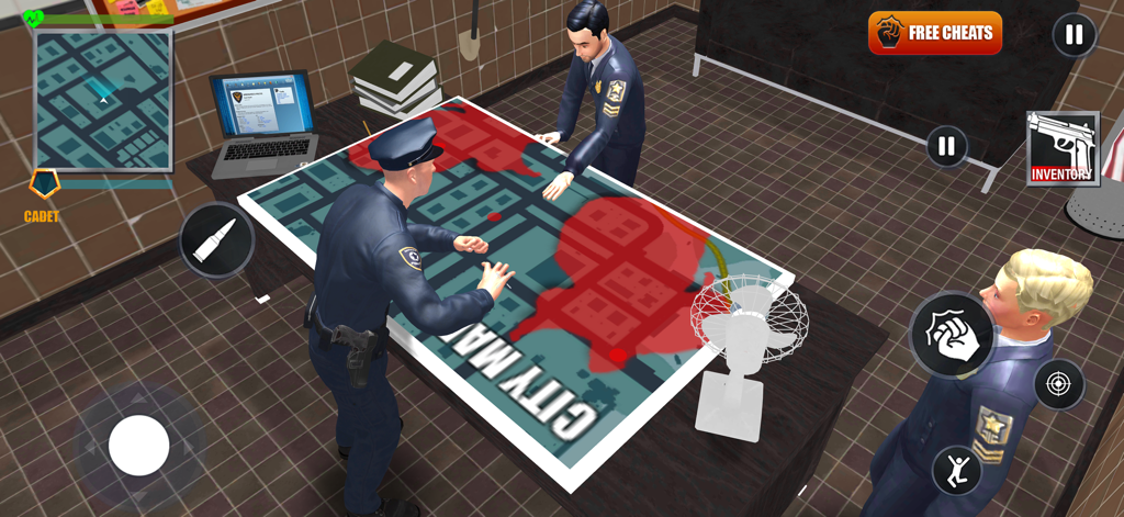 Police Simulator 2: Open World - Police officers standing around a large city map in a mission planning room.