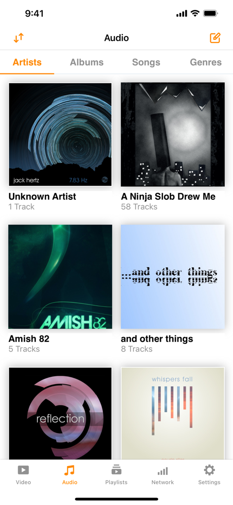 VLC media player iOS app showing the audio library interface organized by artist names with album covers