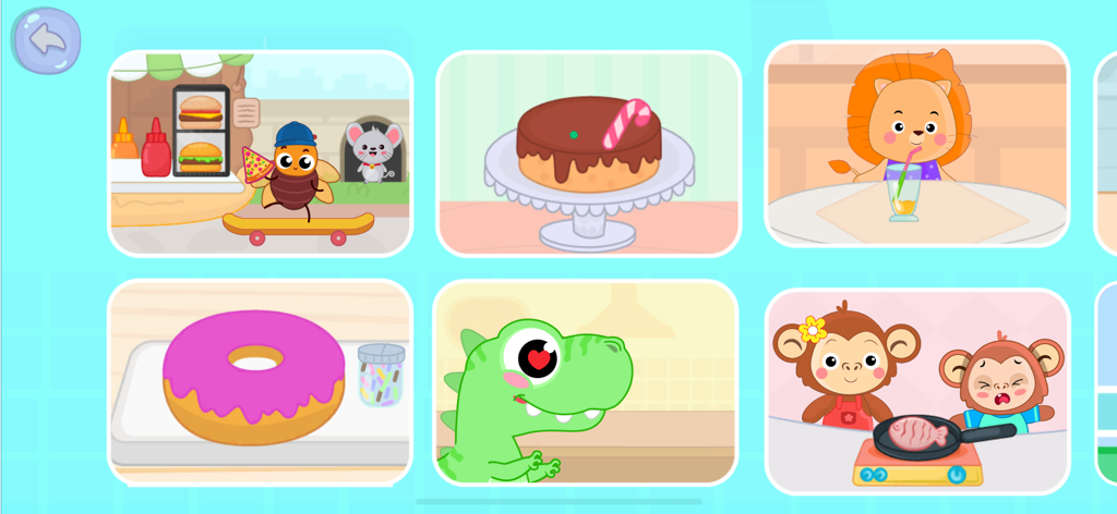 Kids Cooking Games for Toddler - Tela principal de um jogo de culinária para bebês com várias atividades como fazer bolo e decorar donuts