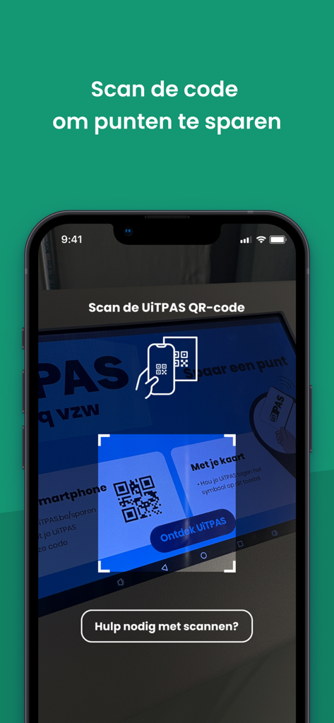 UiTPAS App - Pantalla de smartphone que muestra la app UiTPAS escaneando un código QR para ganar puntos de fidelidad en un evento cultural