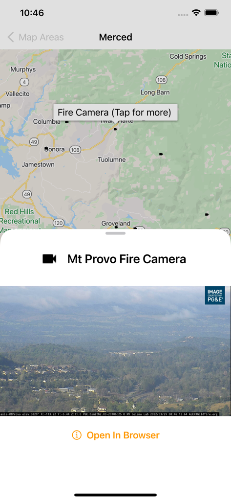 Fireguard Wildfire Tracker - A live wildfire camera feed from Mt Provo shown on the Fireguard app map