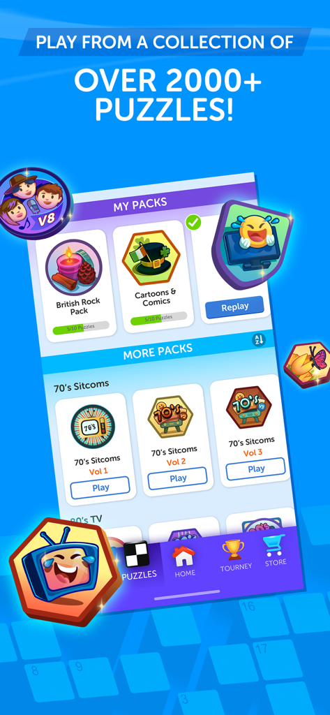 A screen from Crosswords With Friends showing a variety of themed puzzle packs like British Rock and 70s Sitcoms